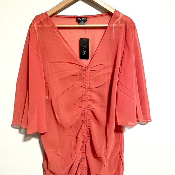 City Chic Drawn Up Ruched Red Chiffon Dress BRAND NEW Semi Sheer Size 16 - Picture 4 of 6